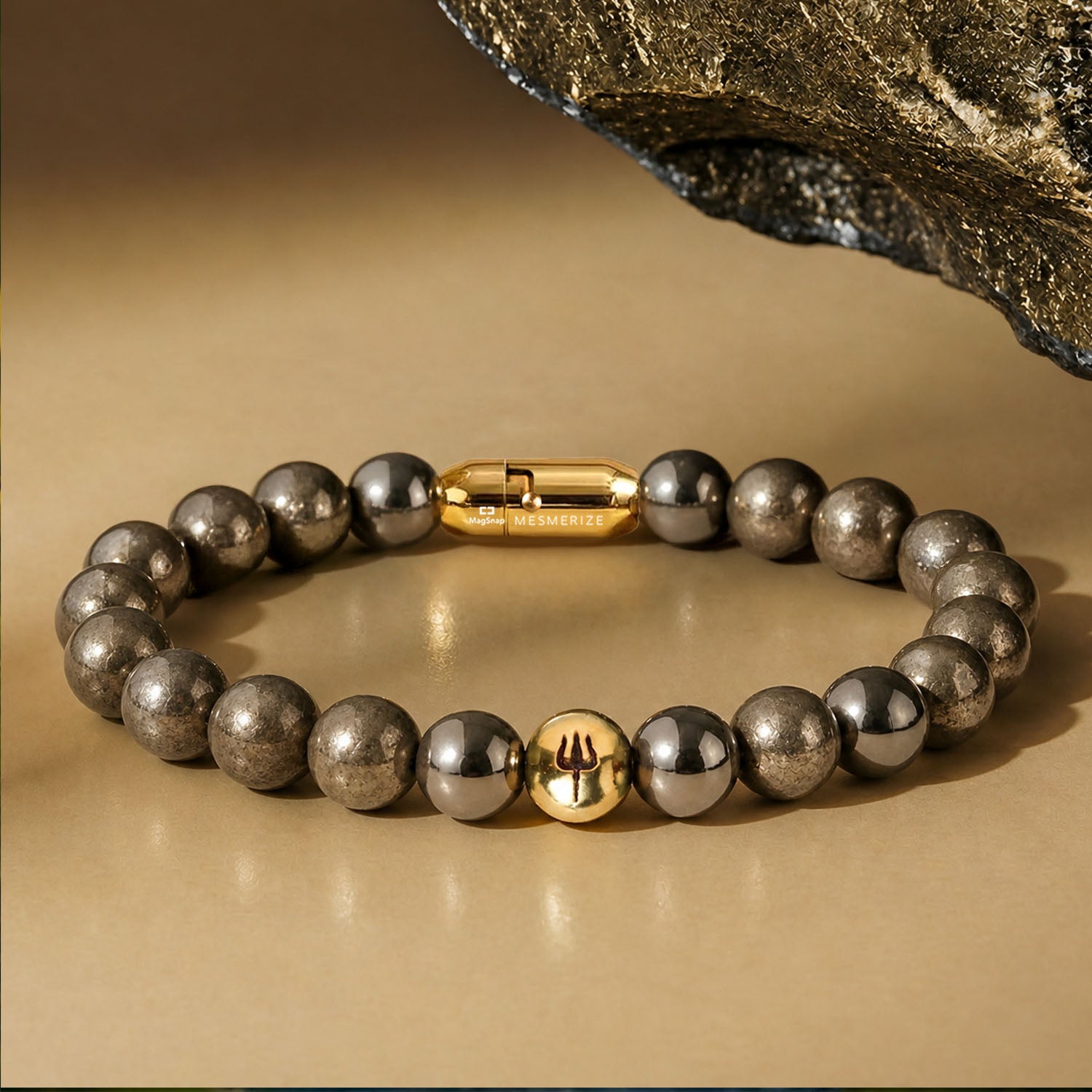 925 Sterling Silver Pyrite Trishul Natural Stone Bracelet with Magsnap2