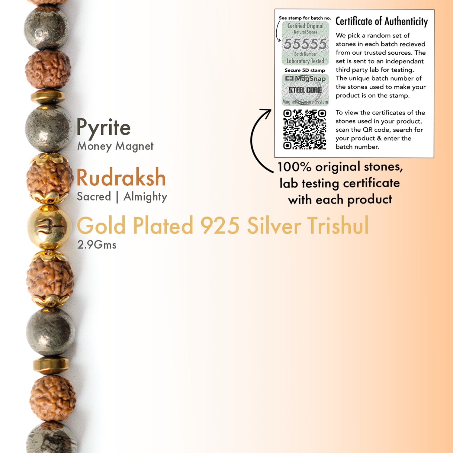 925 Sterling Silver Spiritual Trishul Pyite Natural Stone Bracelet with MagSnap2