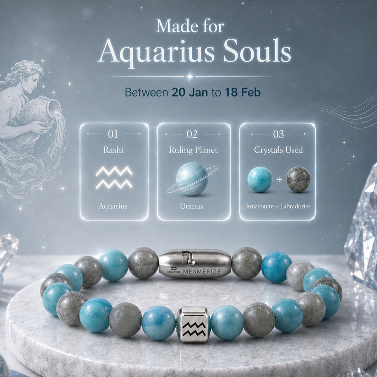 Aquarius (Kumbh) Zodiac Stone Bracelet with MagSnap 4
