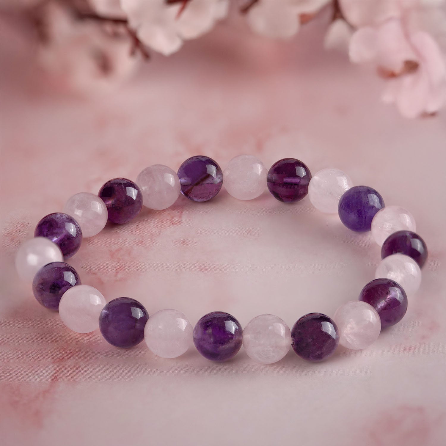 Compassionate Amethyst & Rose Quartz Natural Stone Elastic Bracelet