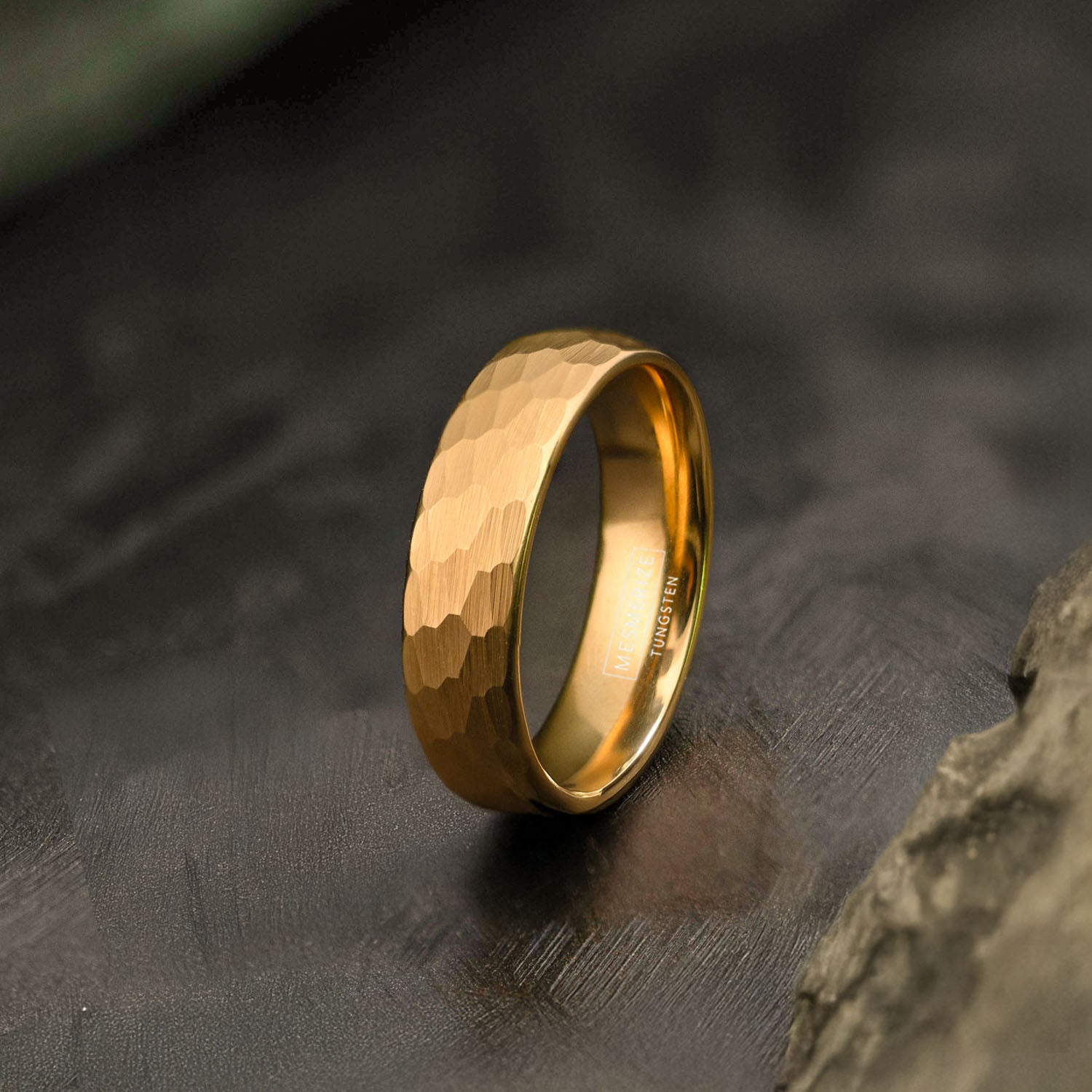Forged Hammered Tungsten Carbide Band Ring GOLD