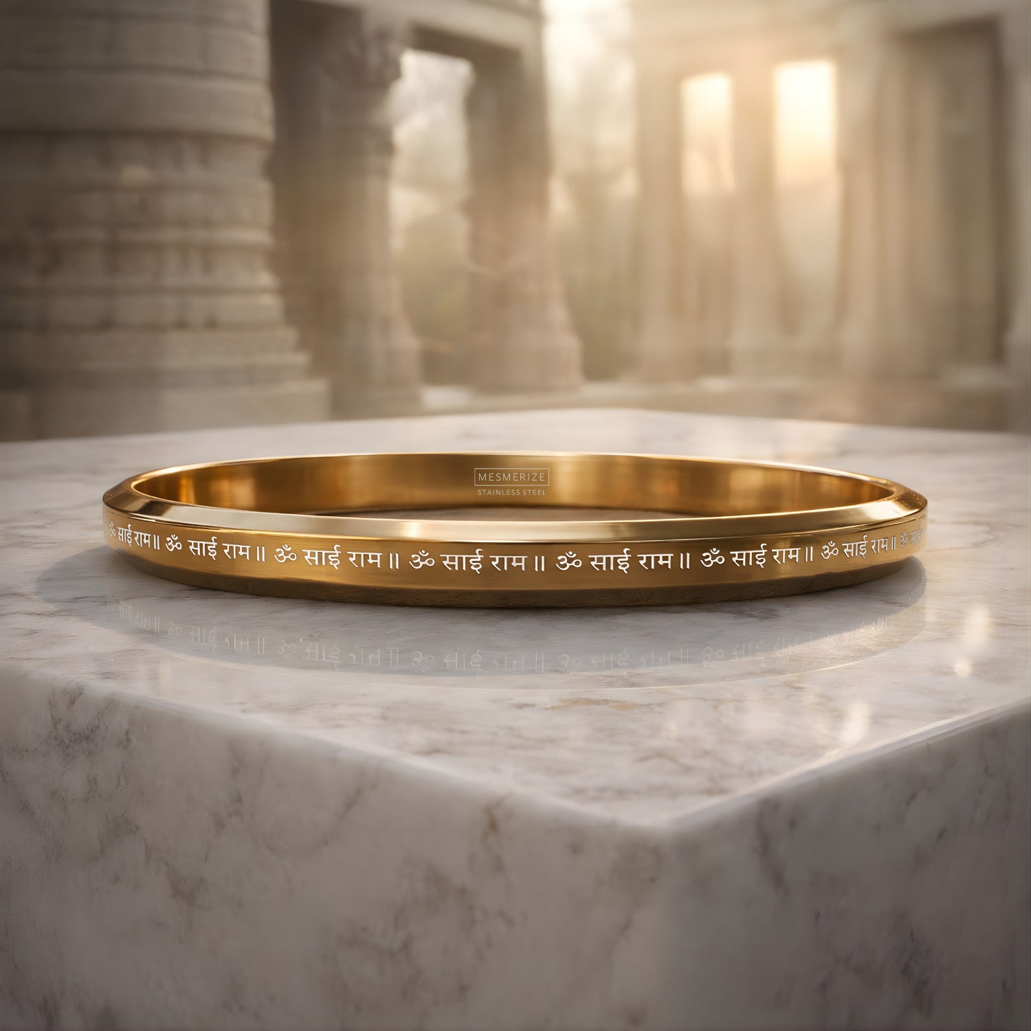 Om Sai Ram MicroCarved Round Flat Kada Gold