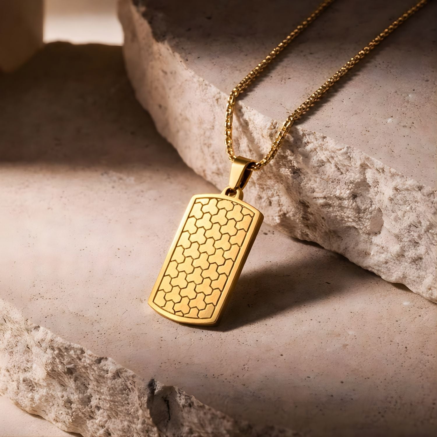 Gold Stainless Steel Tag Necklace with Geometric design