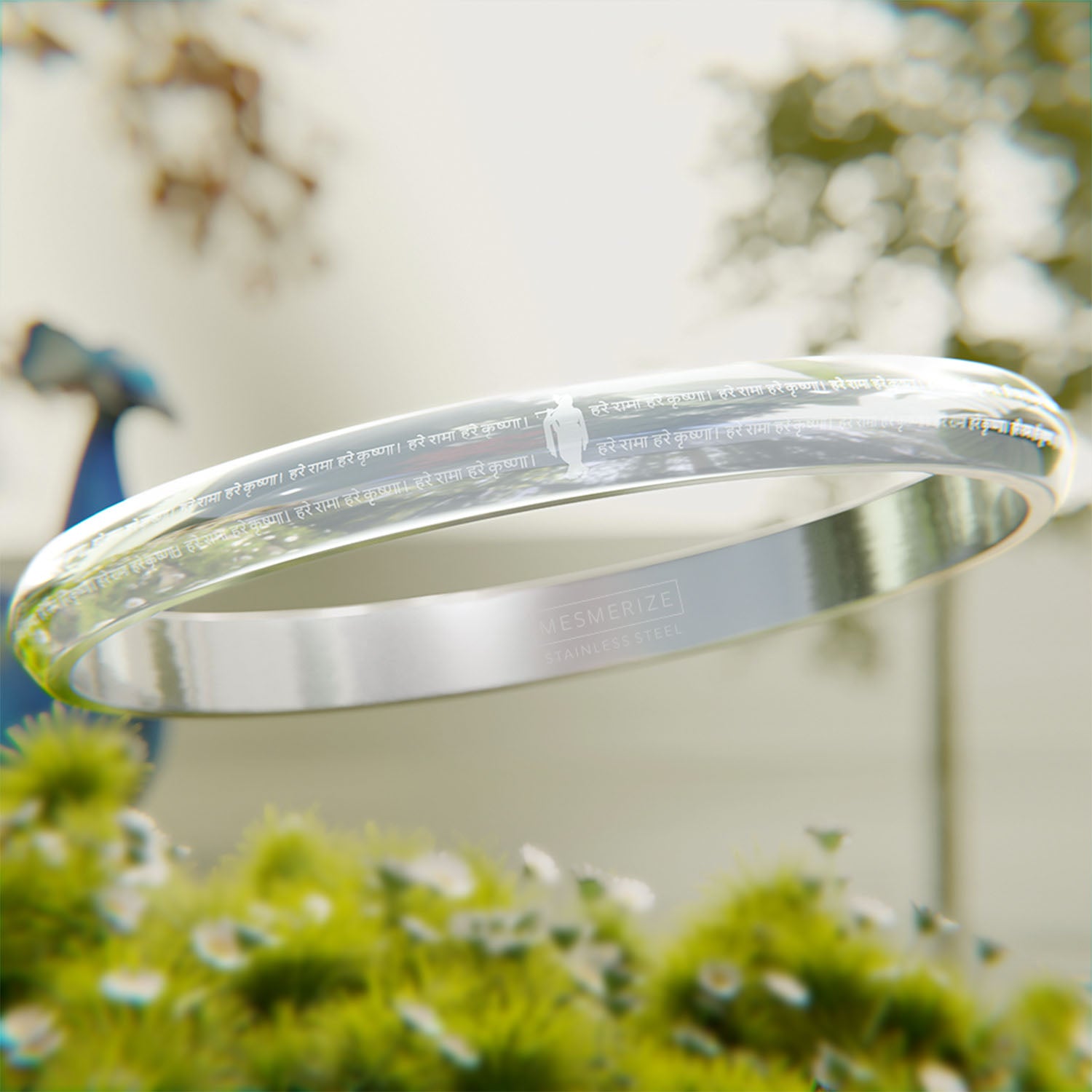 Hare Rama Hare Krishna MicroCarved Round Curved Kada Silver