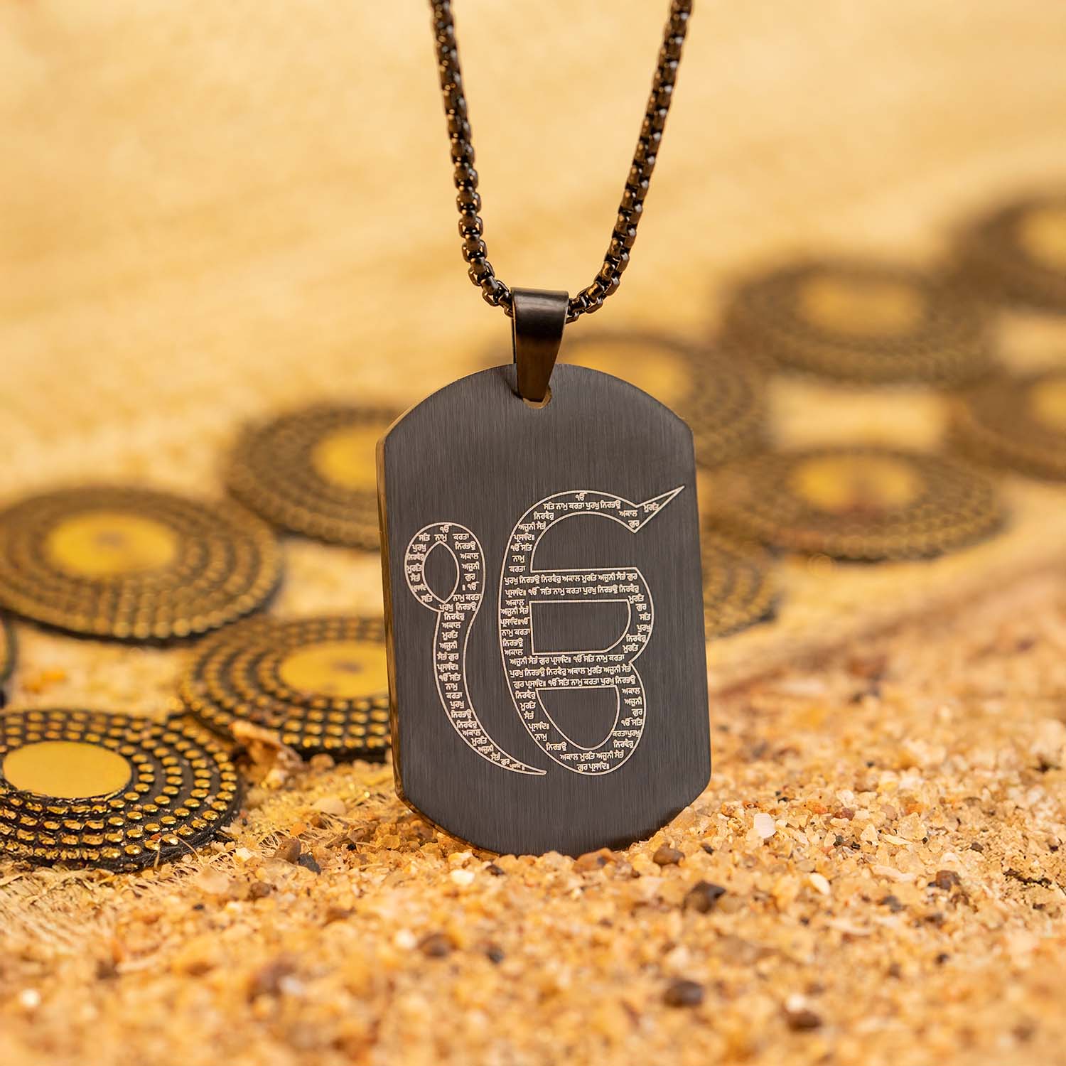 Ik Onkar MicroCarved Tag Necklace Black