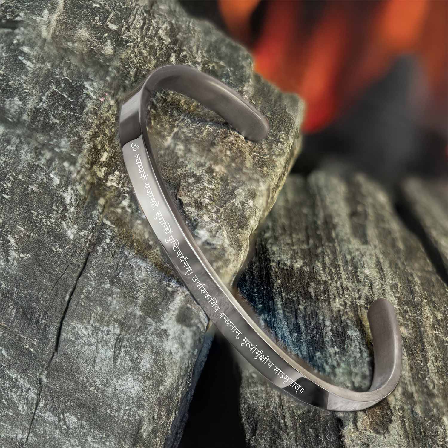 Maha Mrintujay Mantra Gloss Cuff Adjustable Bracelet Silver