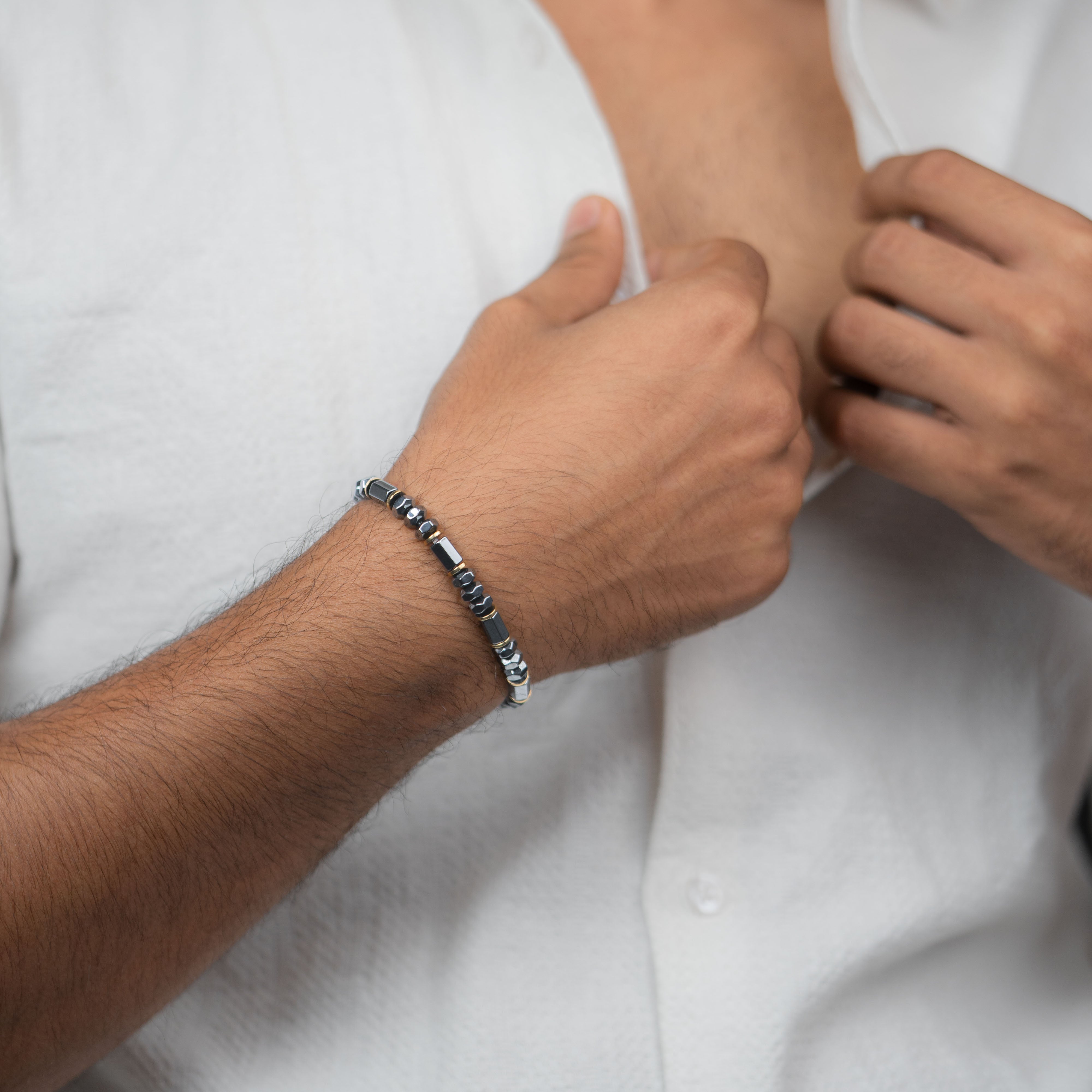 Noir Cylinder Hematite Stack Natural Stone Bracelet