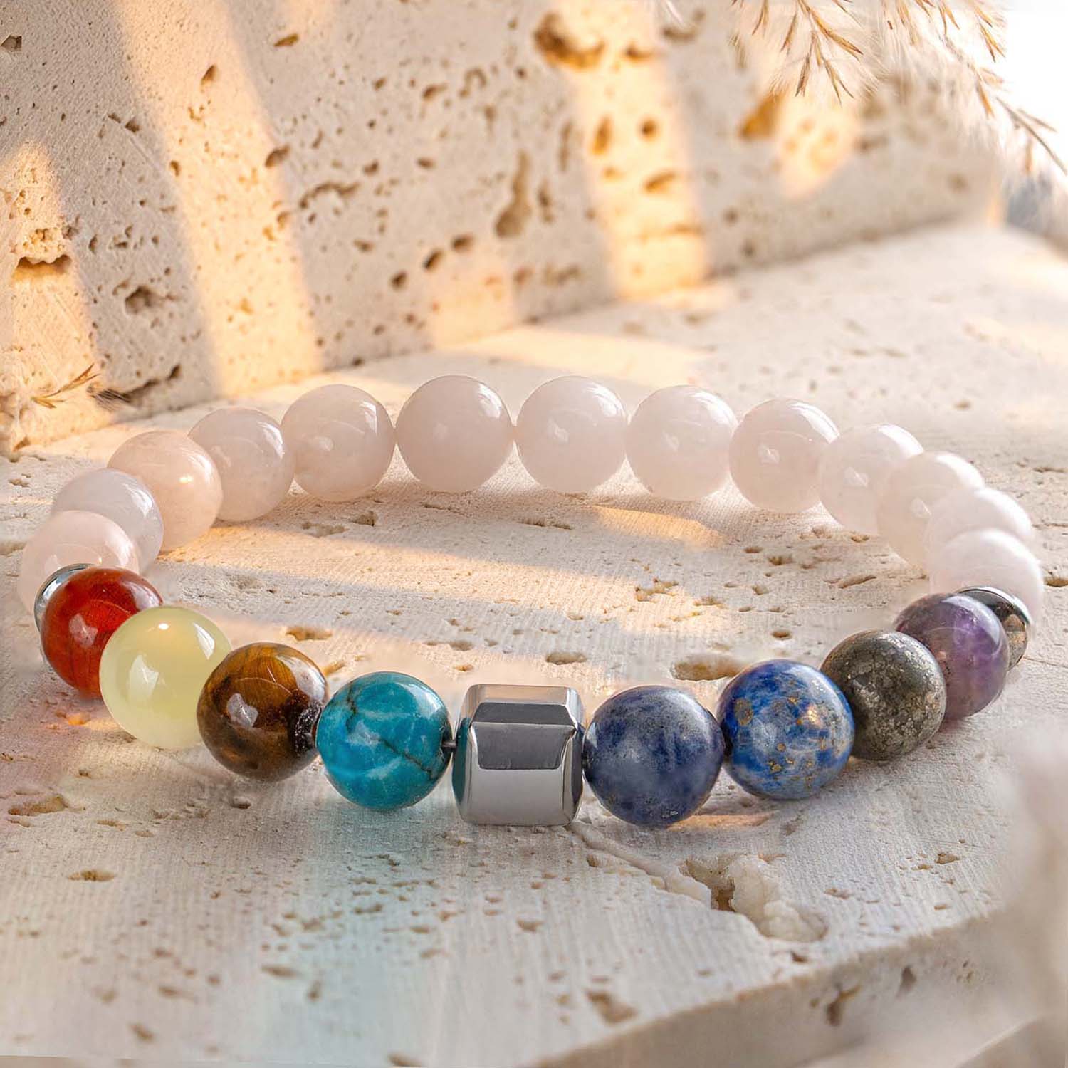 Non-Personalised Solace Rose Quartz 9 Chakra Natural Stone Elastic Bracelet