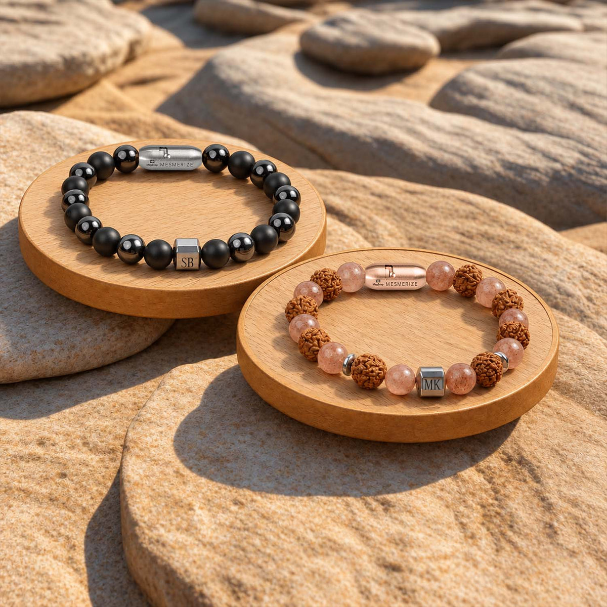 Personalised Serenity Strawberry Quartz & Stealth Gloss Onyx Natural Stone Couple Bracelets with Magsnap 2
