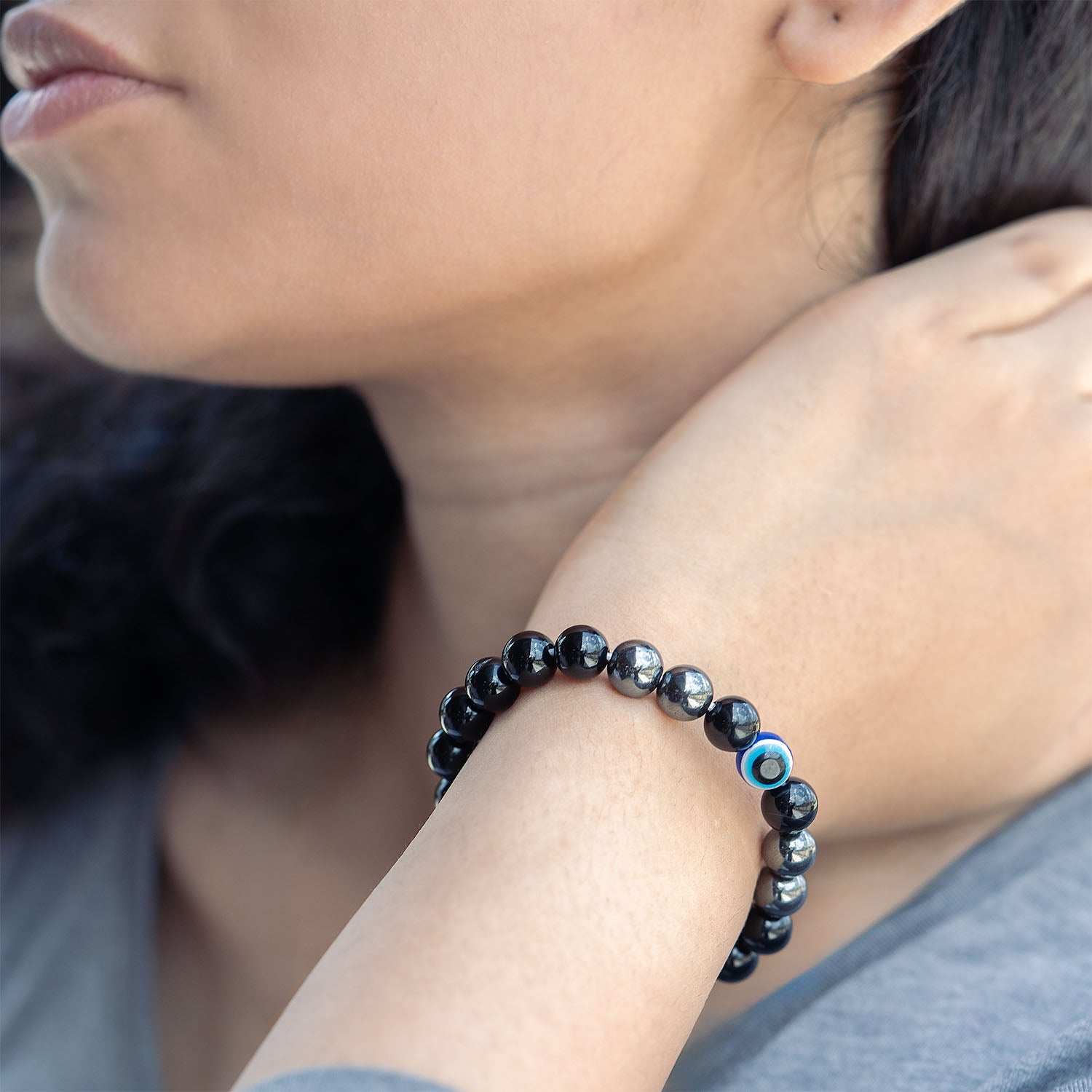 Protective Evil Eye Hematite Natural Stone Elastic Bracelet