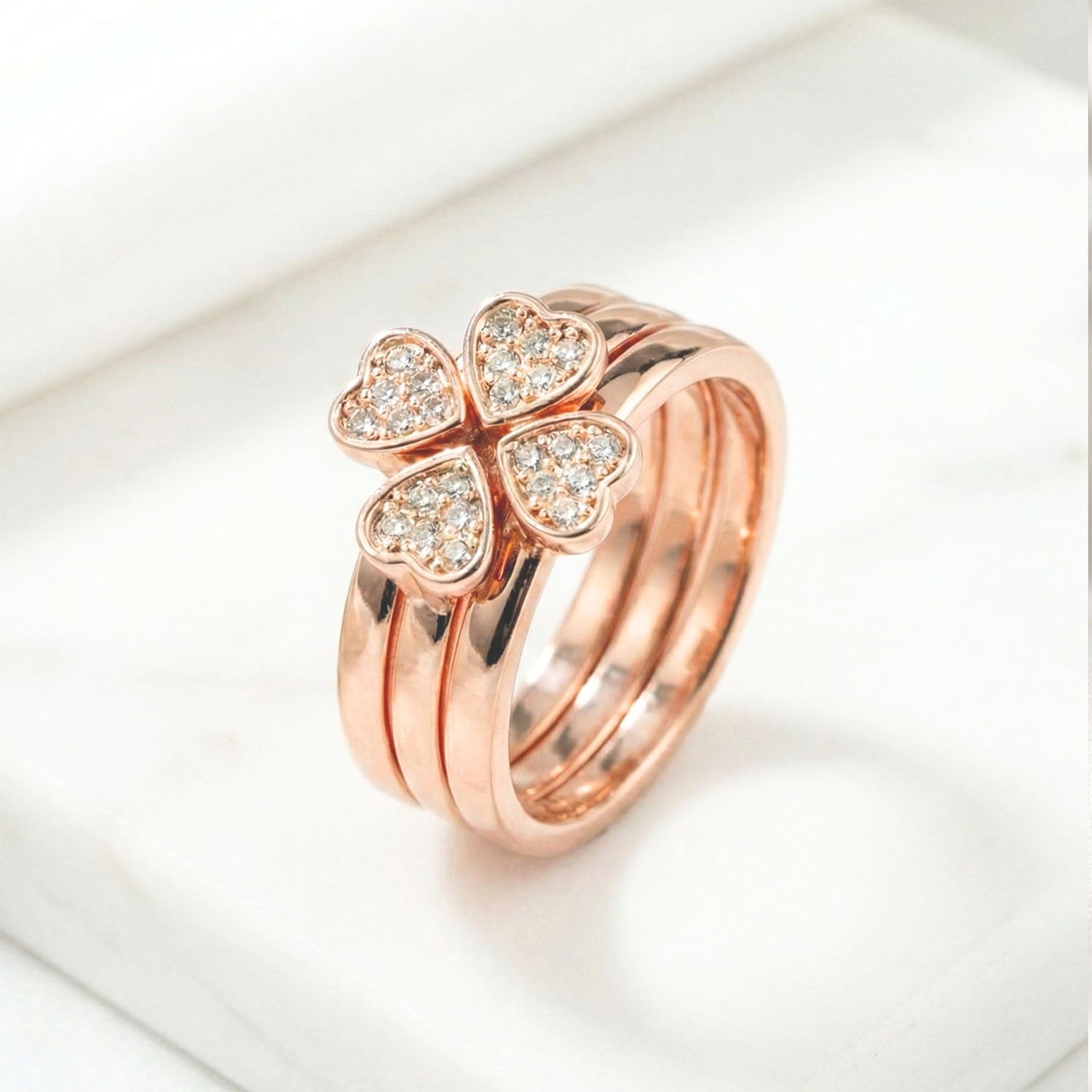W Premium Jewellery Rose Gold Clover Heart Rings (Pack Of 3)