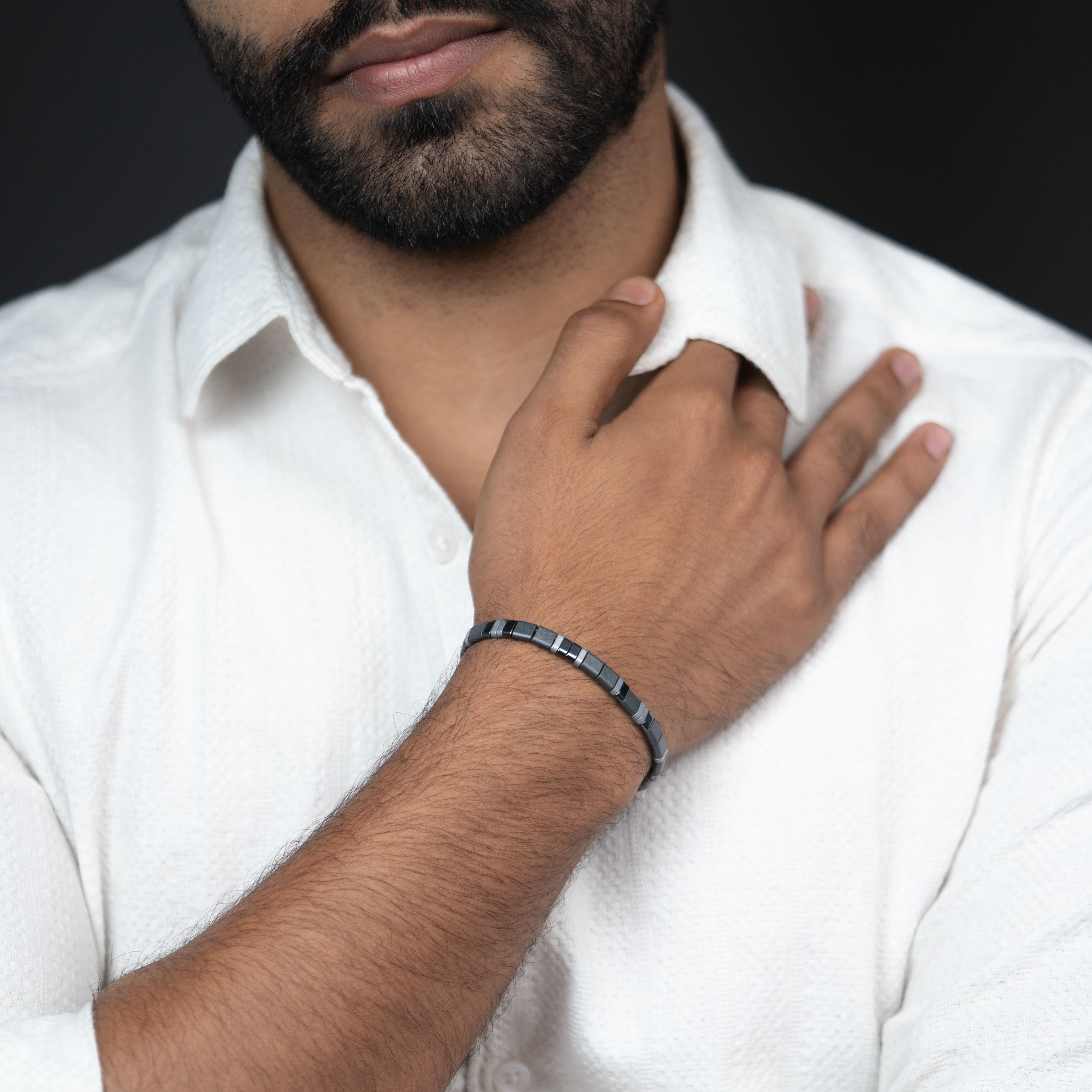 Silver Matrix Hematite Stack Natural Stone Bracelet