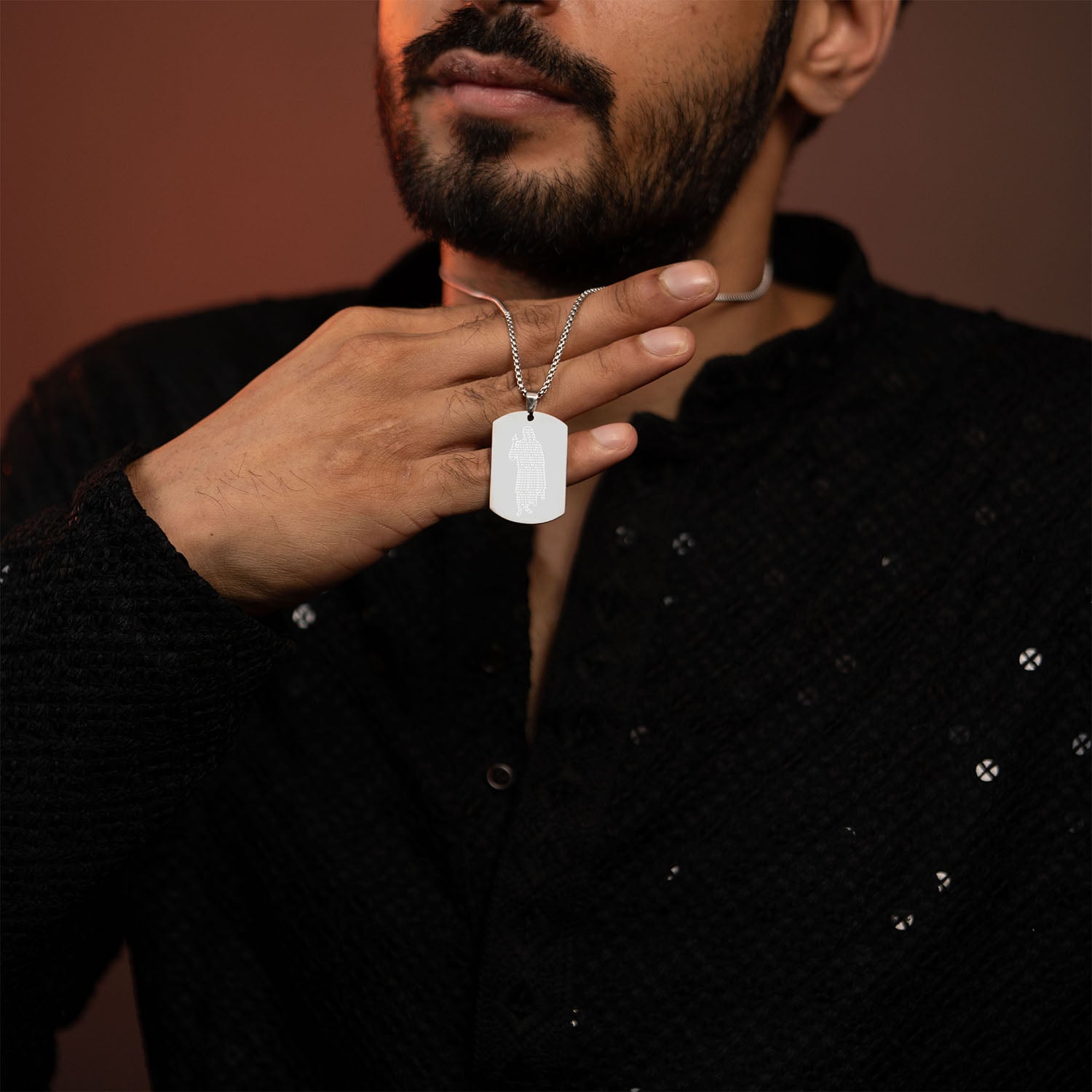 Om Sai Ram Inlay MicroCarved Tag Necklace Silver