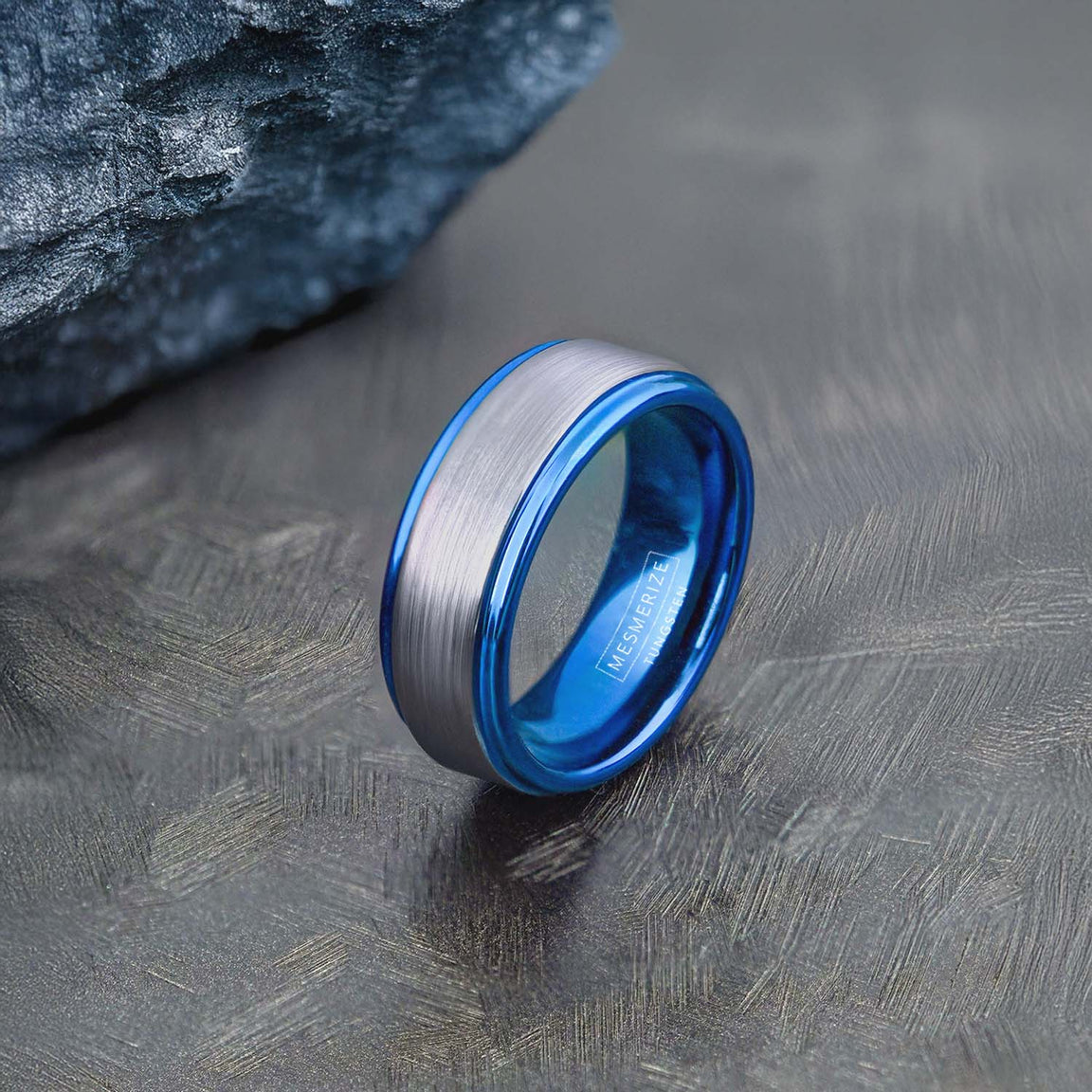 Silver On Blue Tungsten Carbide Band Ring