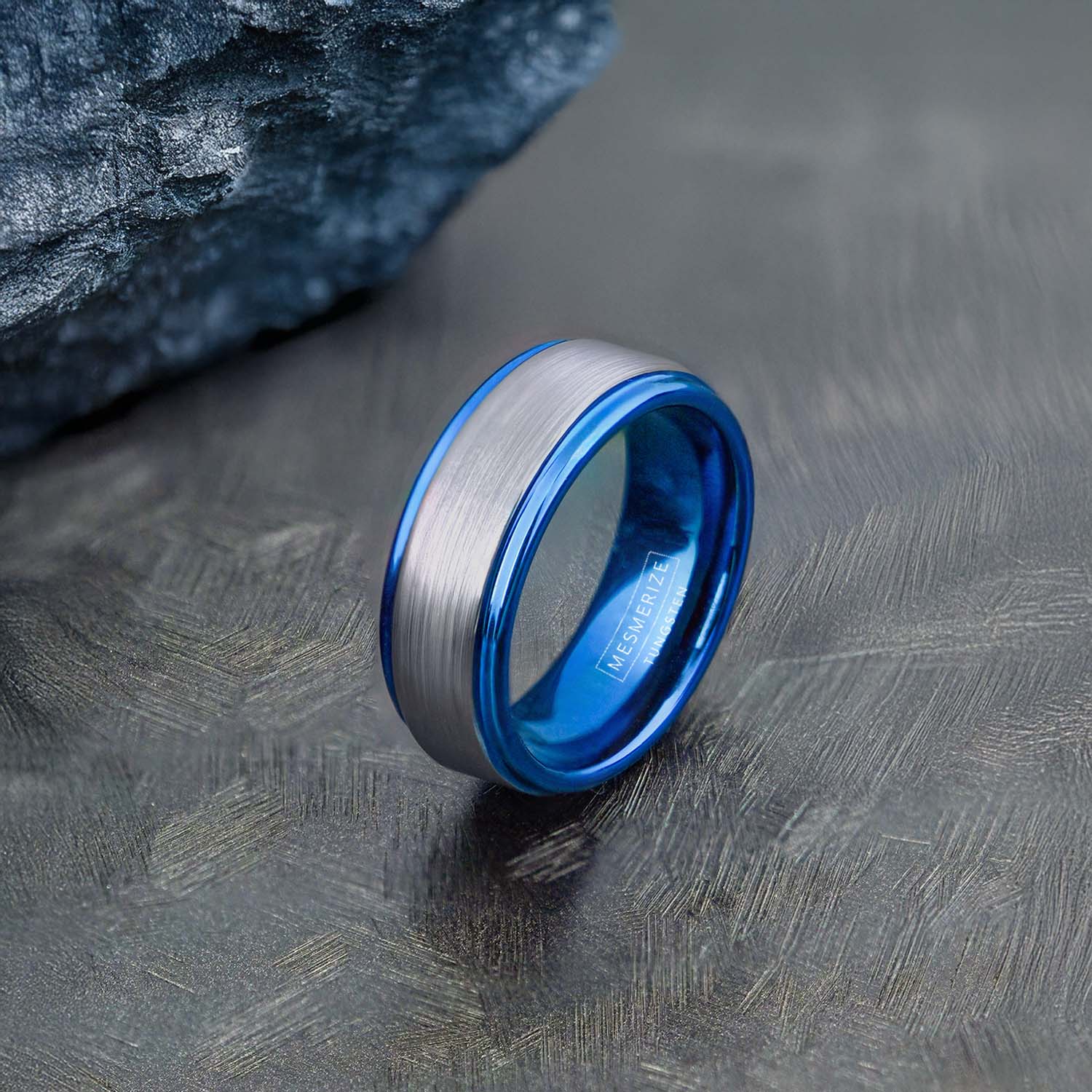 Silver On Blue Tungsten Carbide Band Ring