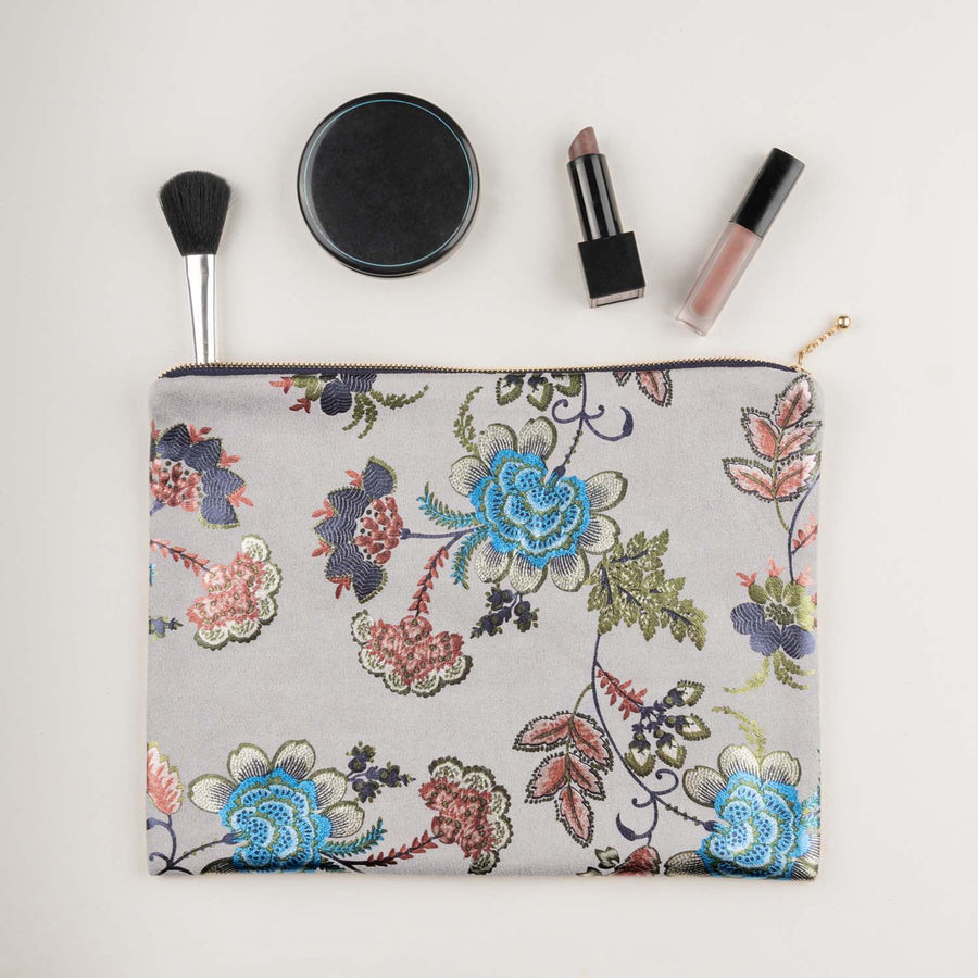 Grey Foil Print Suede Carry On Pouch