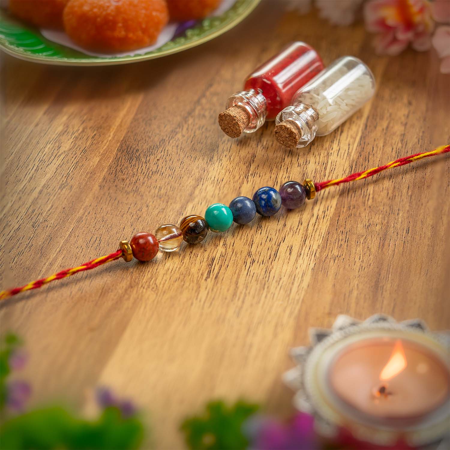 7 Chakras Bhaiya & Bhabhi Rakhis + Choco Cookies + Blueberry & Raspberry Chocolates