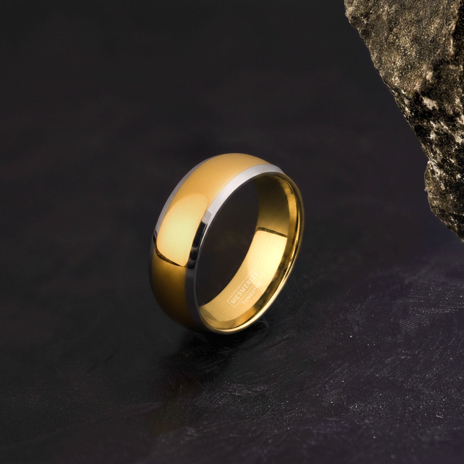 Gold in Silver Inlay Tungsten Carbide Band Ring