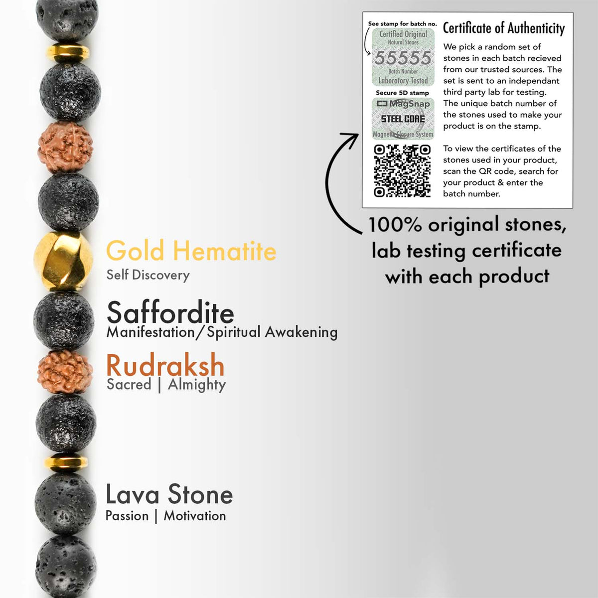 Grounded Rudraksh & Saffordite Natural Stone Bracelet With MagSnap