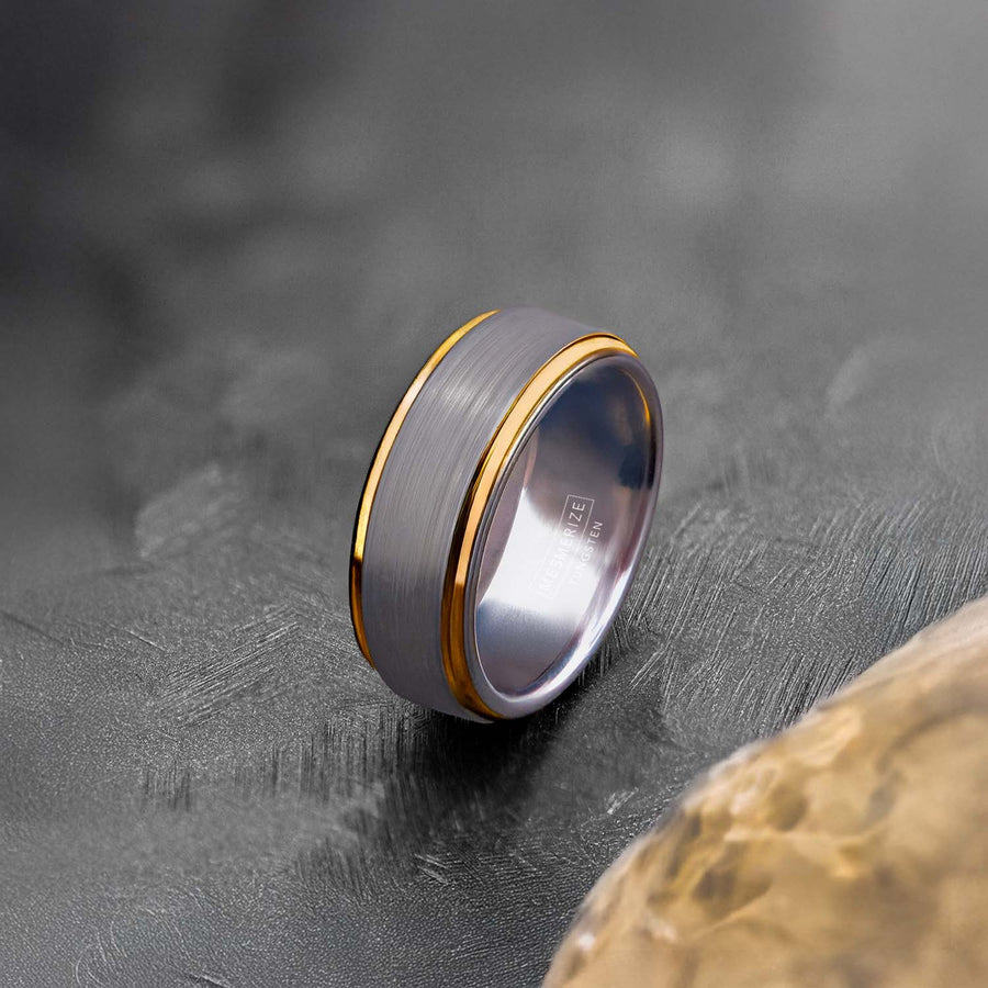Gunmetal Inlay Gold-Edged Tungsten Carbide Band Ring