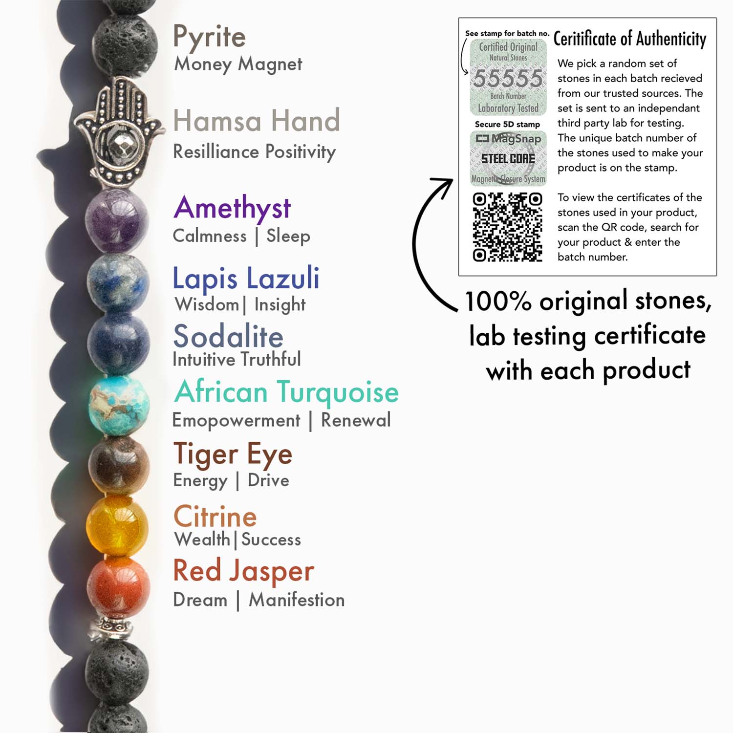 Natural Stone Jewellery Lava 7 Chakra Natural Stone Hamsa Bracelet with MagSnap