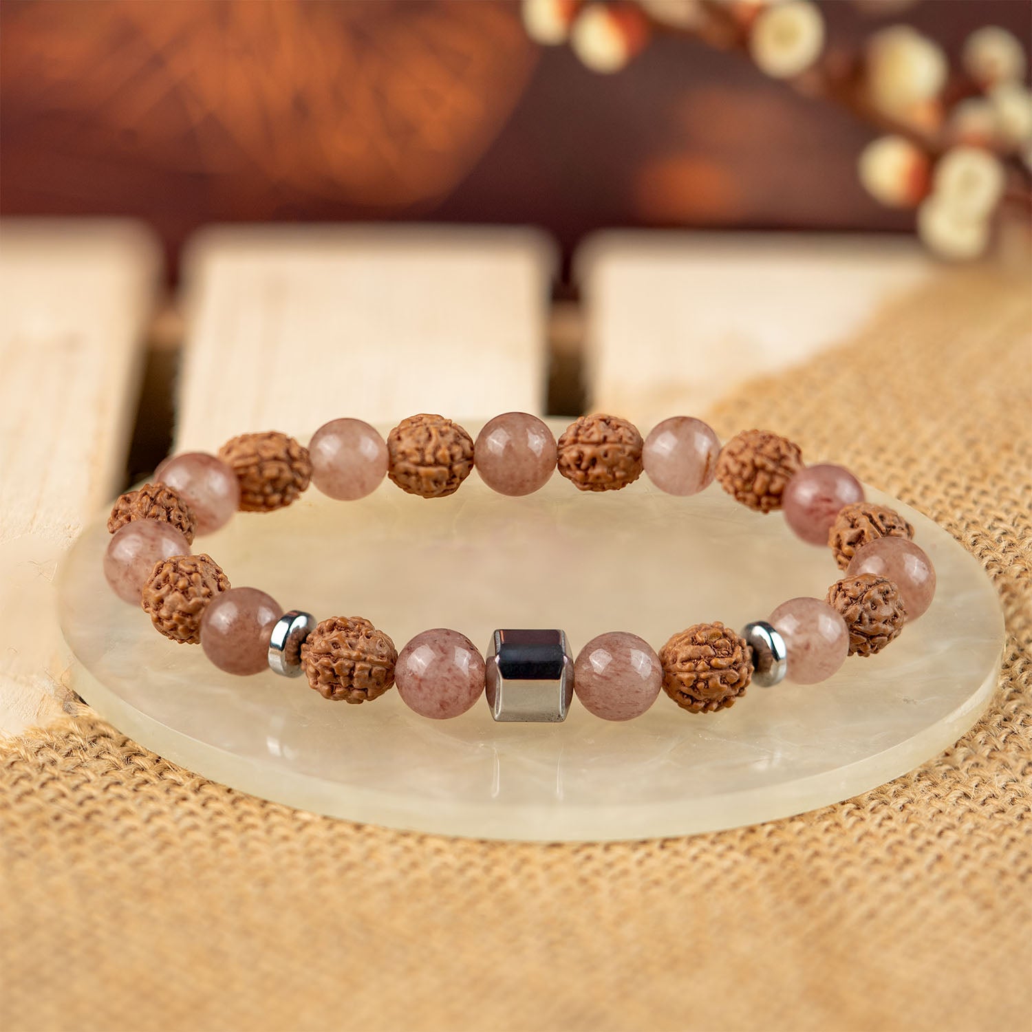 Serenity Strawberry Quartz & Rudraksh Bracelet Elastic