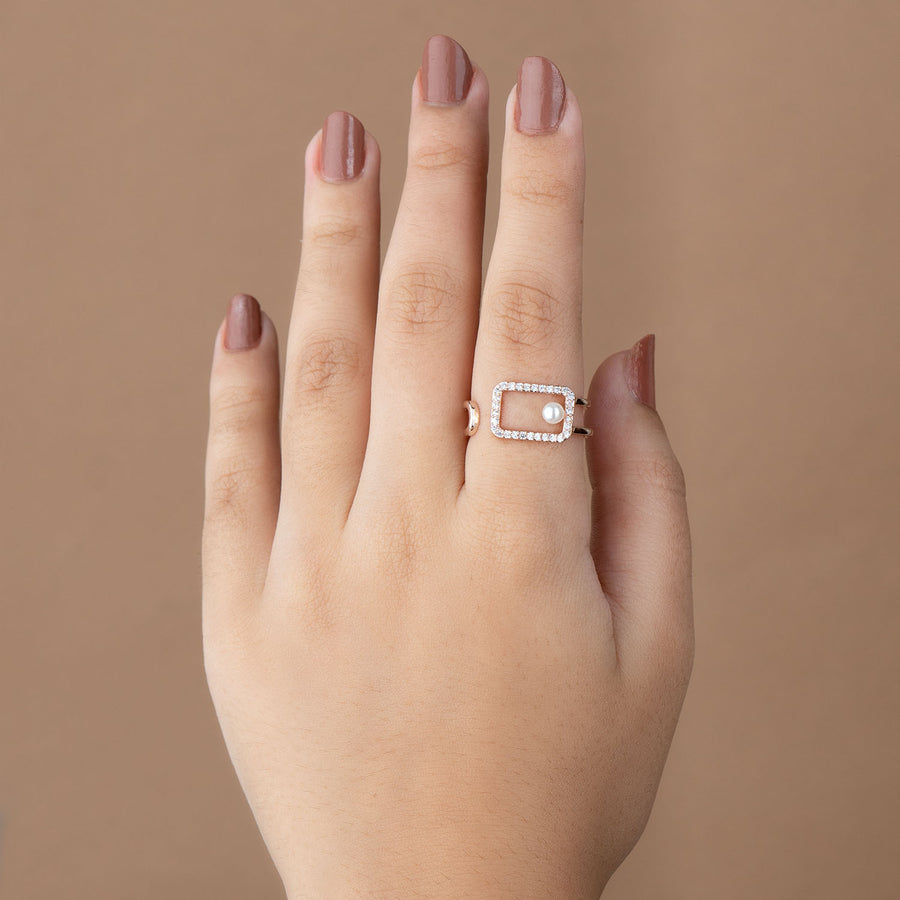 Rose Gold Pearl Diamond Adjustable Ring