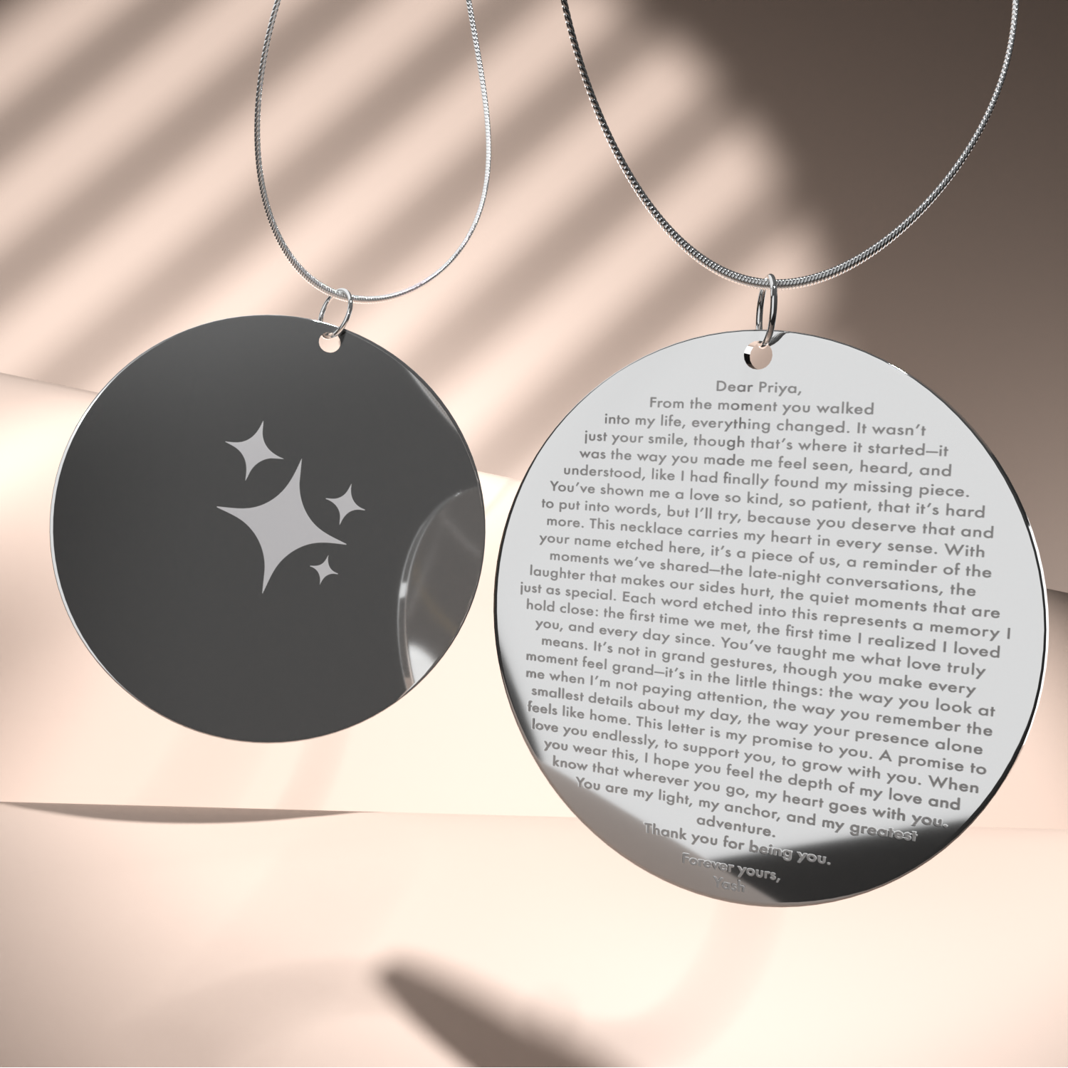 Personalised Star Love Letter MicroCarved Circle Necklace Silver