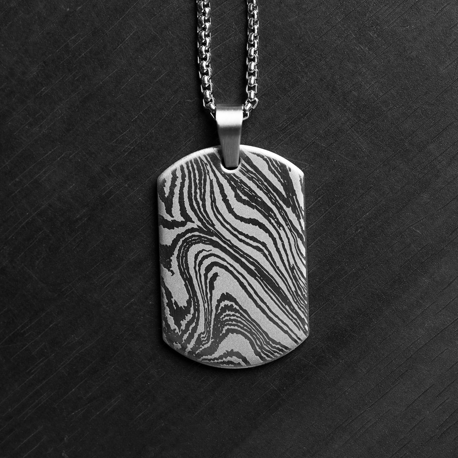 Damascus Steel Dog Tag Necklace Silver