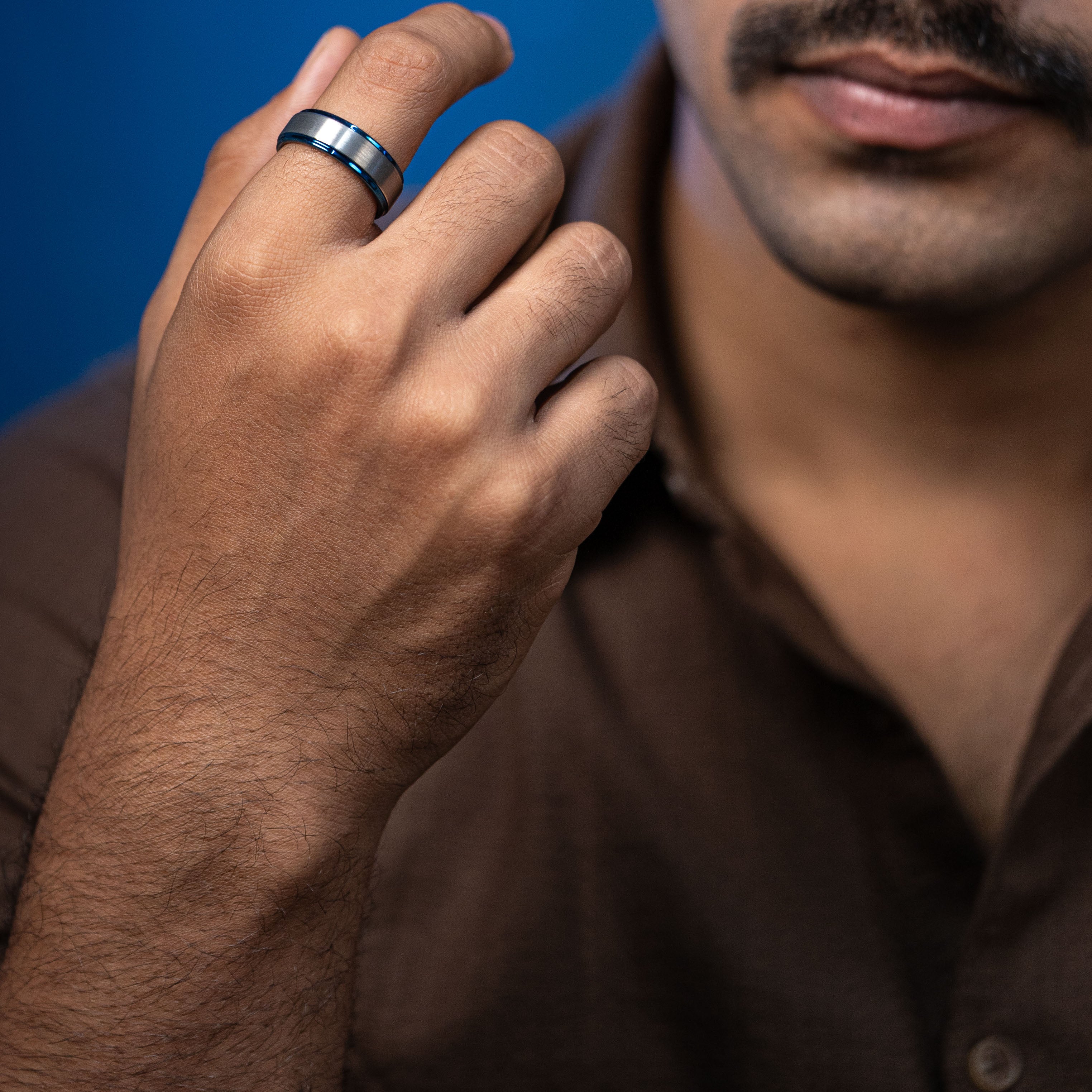 Silver On Blue Tungsten Carbide Band Ring