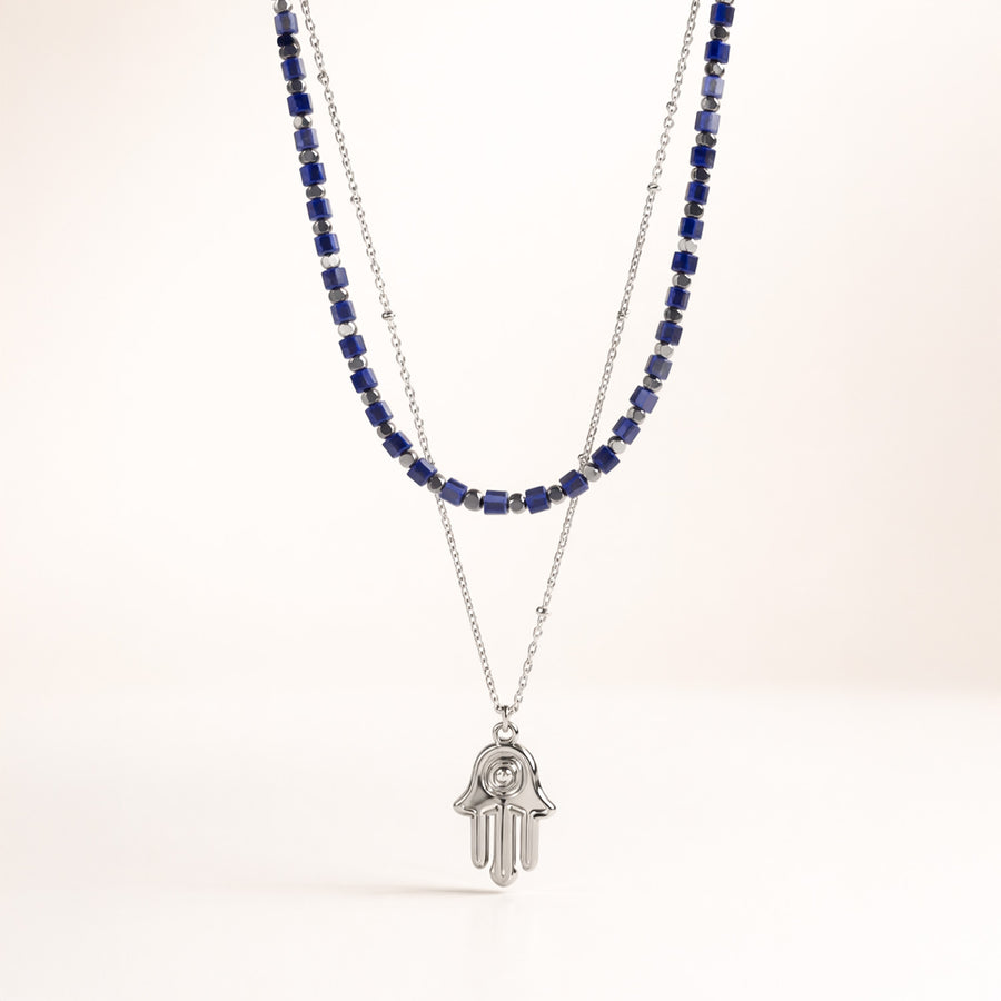 Zaria Layered Silver Necklace with Lapis Lazuli Beads