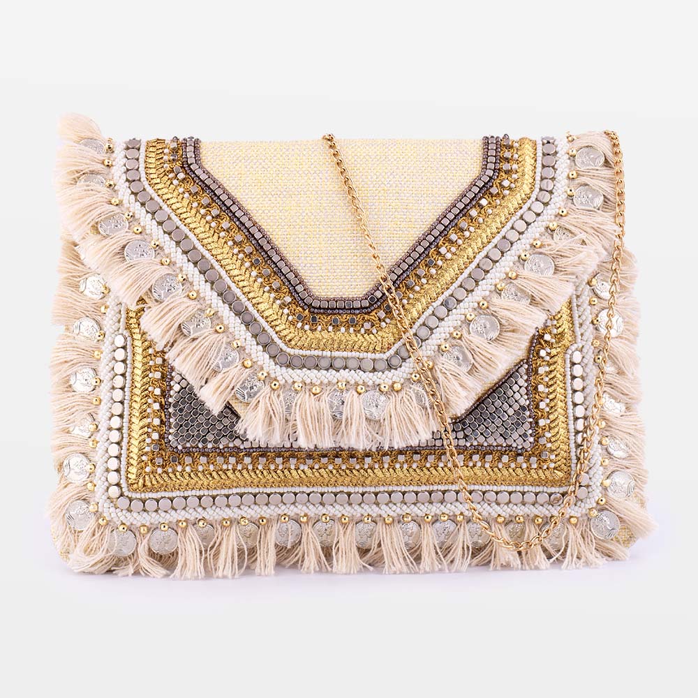  Boho Beige Hand Embellished Jute Fringe Sling Bag By Mesmerize India 